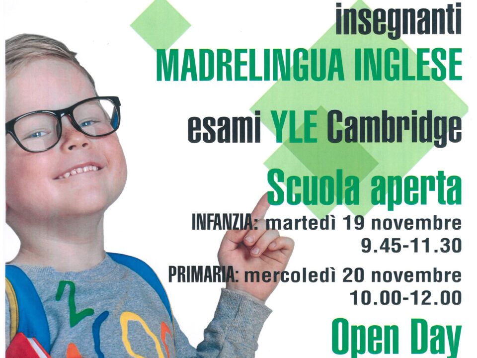 Locandina dell'Open Day della scuola San Gaspare di Firenze con uno scolaro sorridente
