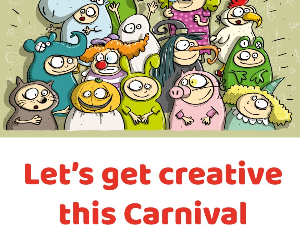 Locandina del laboratorio di Carnevale "Let's Get Creative This Carnival" con bambini in maschera, 24 febbraio 2020