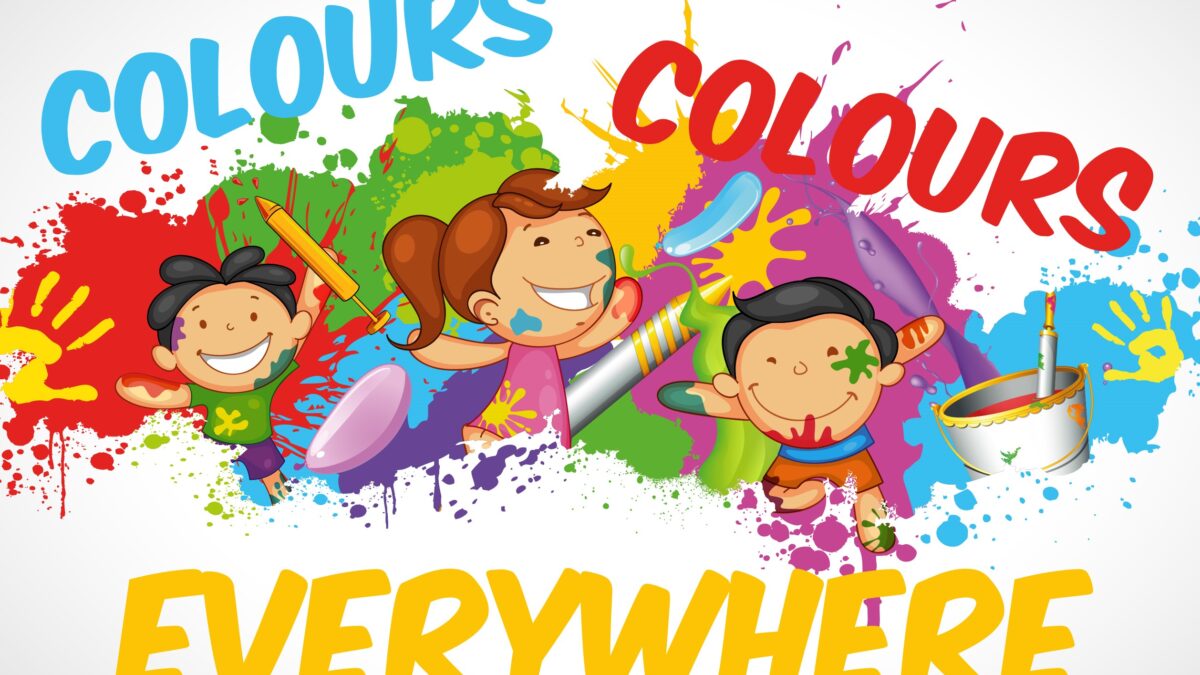 Locandina del laboratorio didattico "Colours Colours Everywhere" con bambini che giocano con le tempere