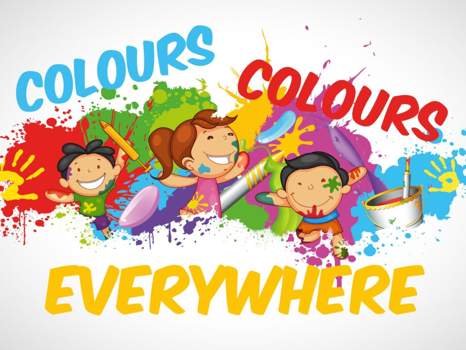 Locandina del laboratorio didattico "Colours Colours Everywhere" con bambini che giocano con le tempere