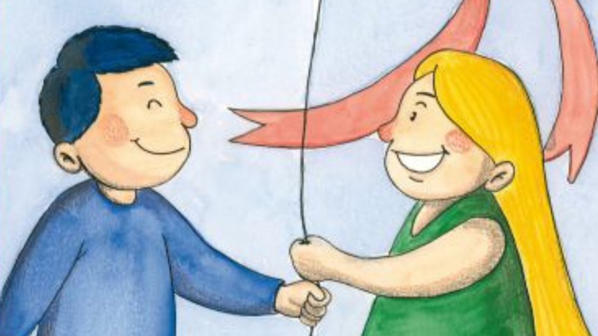 Illustrazione di due bambini sorridenti che tengono insieme il filo di un aquilone