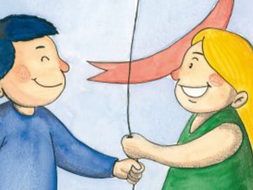 Illustrazione di due bambini sorridenti che tengono insieme il filo di un aquilone