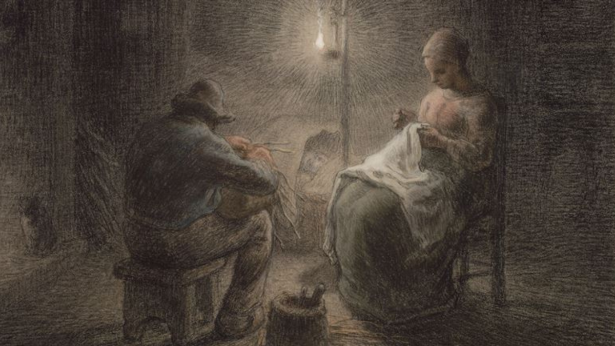 Disegno d'epoca di due figure sedute accanto a una lampada a olio in una stanza buia