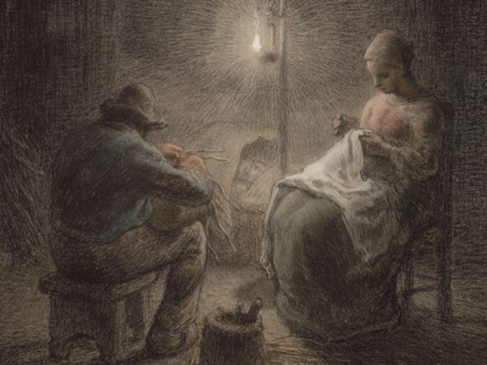 Disegno d'epoca di due figure sedute accanto a una lampada a olio in una stanza buia
