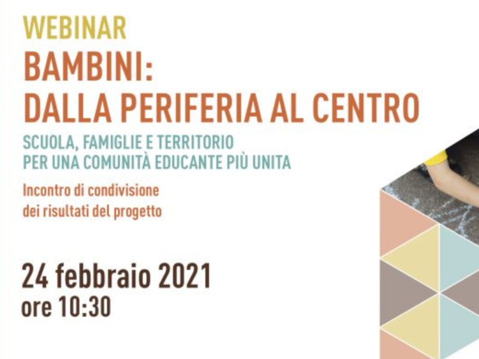 Locandina del webinar «Bambini: dalla periferia al centro» del 24 febbraio 2021, bambino che disegna a gessetti