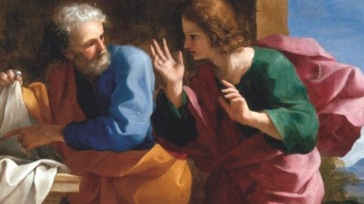 Dipinto classico raffigurante due figure in abiti biblici in un dialogo animato