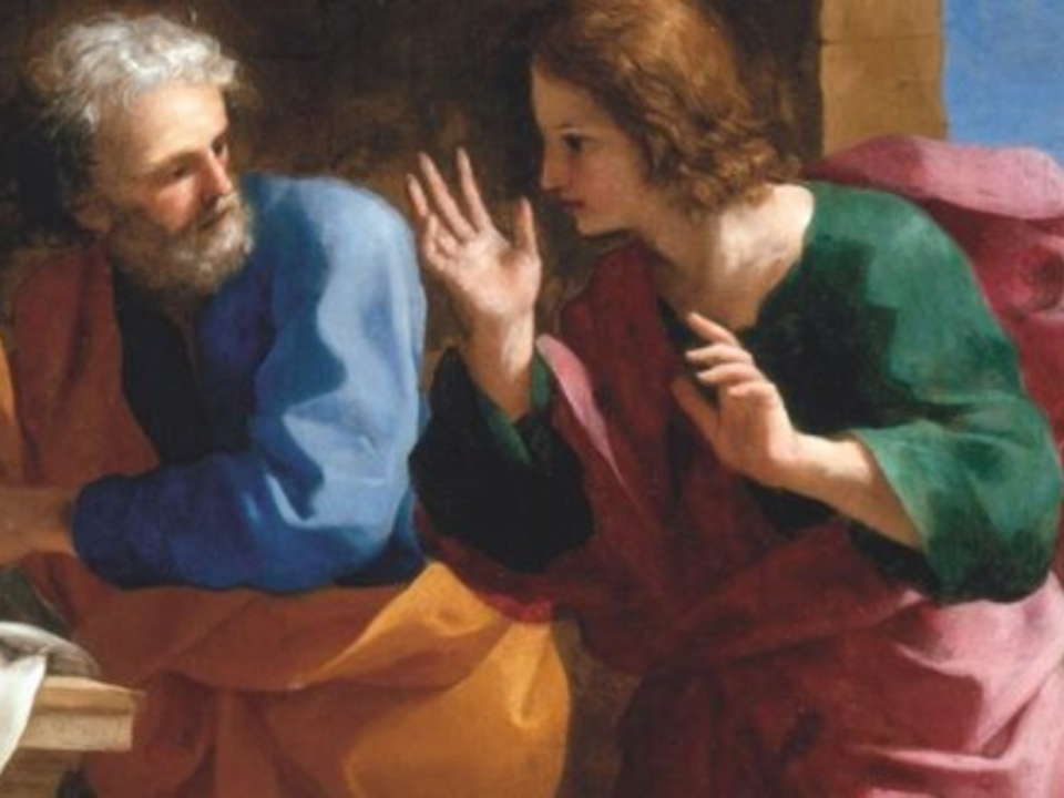 Dipinto classico raffigurante due figure in abiti biblici in un dialogo animato