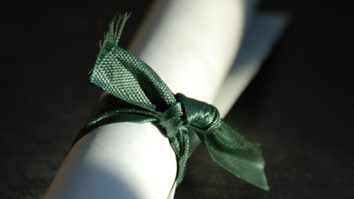 Pergamena arrotolata chiusa con un fiocco verde, simbolo di un diploma