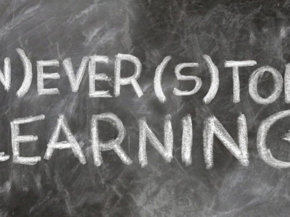 Lavagna con la scritta gessata «(N)ever (s)top learning»