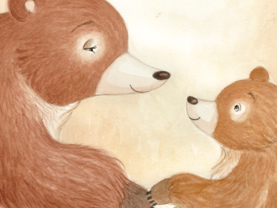 Illustrazione di due orsi, uno adulto e un cucciolo, che si guardano teneramente