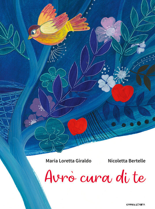 Copertina del libro «Avrò cura di te», illustrazione di un uccellino tra rami e fiori su sfondo blu