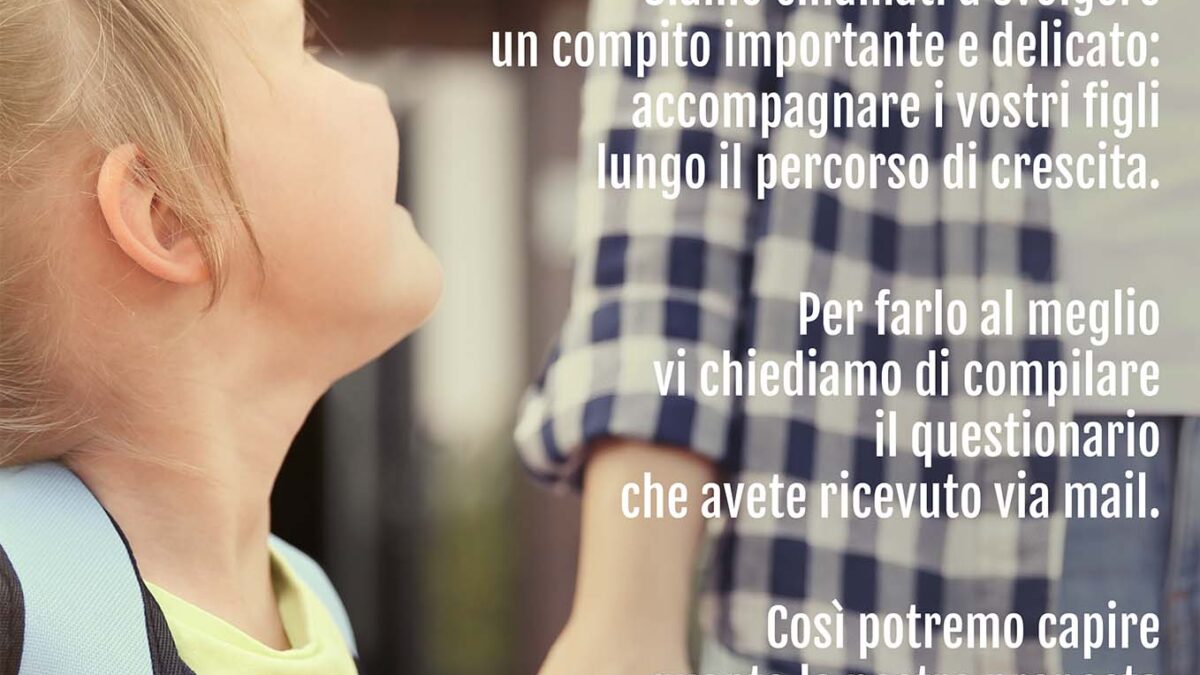Locandina «Hai risposto al questionario?» con bambina e genitore per mano, logo Liberi di Educare
