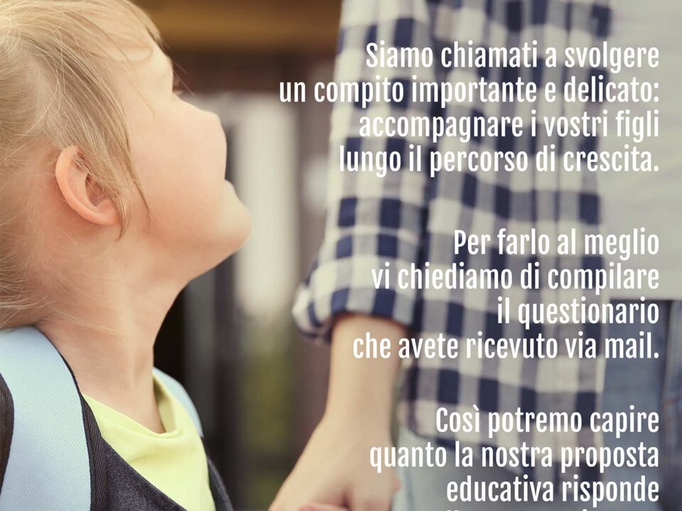Locandina «Hai risposto al questionario?» con bambina e genitore per mano, logo Liberi di Educare