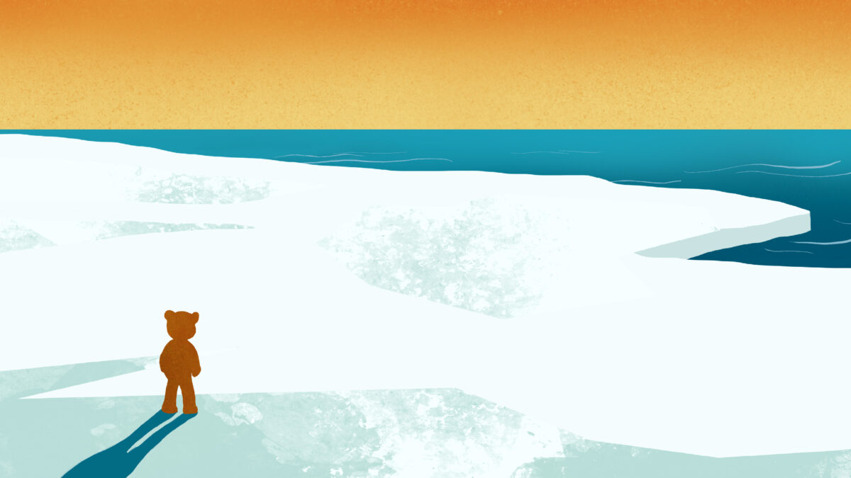 Illustrazione di un orsetto solo su un lastrone di ghiaccio davanti al mare, copertina di un libro digitale per bambini