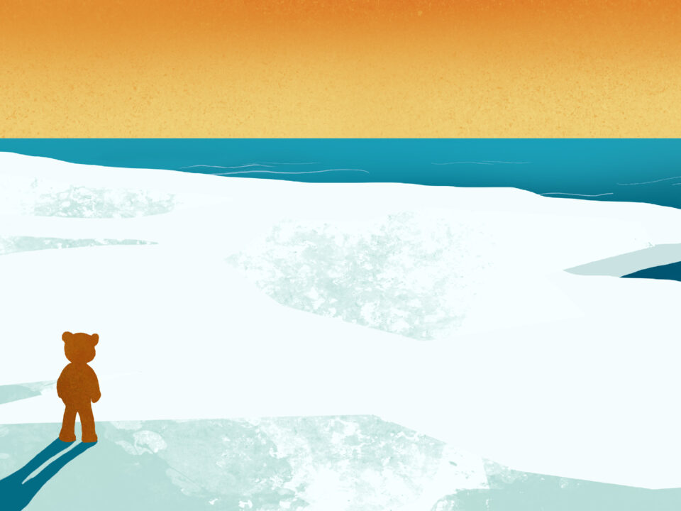 Illustrazione di un orsetto solo su un lastrone di ghiaccio davanti al mare, copertina di un libro digitale per bambini