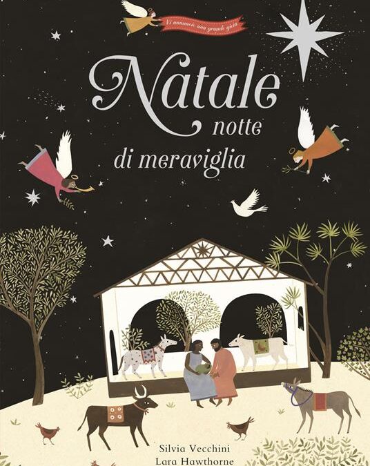 Copertina del libro «Natale notte di meraviglia» di Silvia Vecchini, illustrazione della natività sotto un cielo stellato