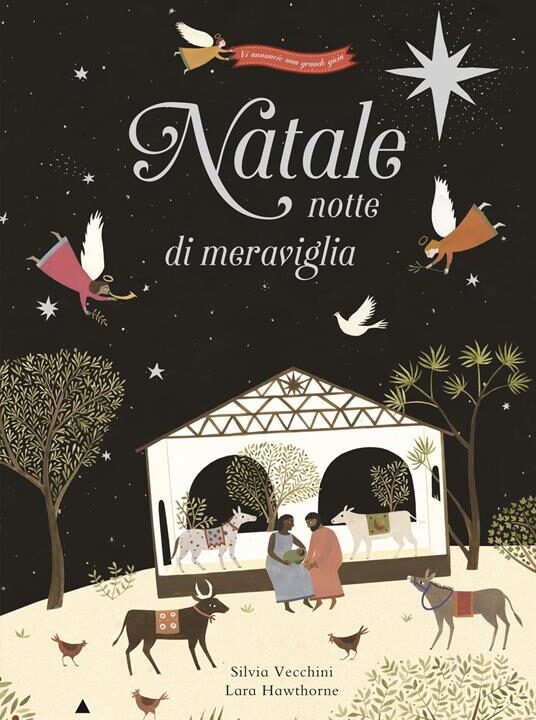 Copertina del libro «Natale notte di meraviglia» di Silvia Vecchini, illustrazione della natività sotto un cielo stellato