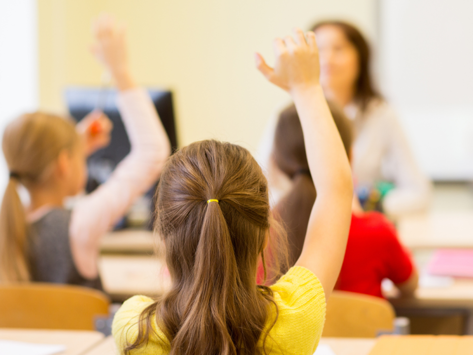 Bambini in classe alzano la mano durante una lezione