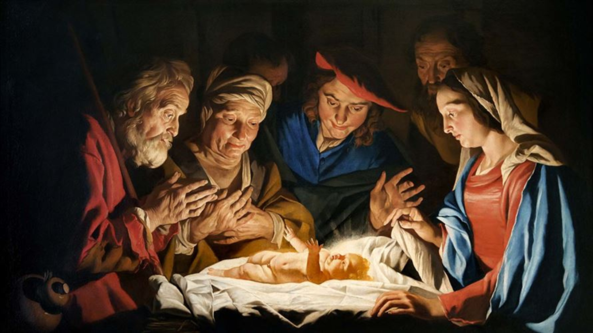 Dipinto classico dell'Adorazione dei pastori con il Bambino Gesù nella mangiatoia