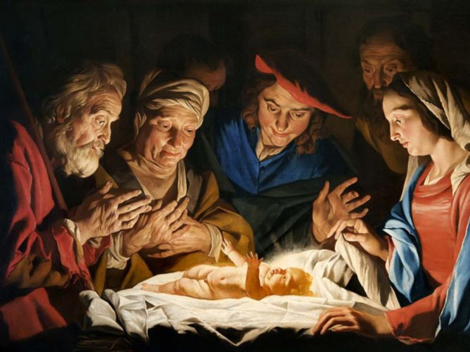 Dipinto classico dell'Adorazione dei pastori con il Bambino Gesù nella mangiatoia