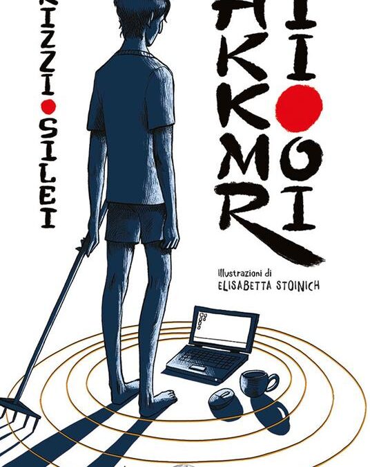 Copertina del libro "Hikikomori" di Rizzi e Silei, con un ragazzo e un computer portatile per terra