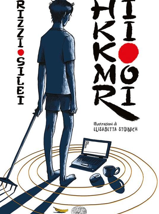 Copertina del libro "Hikikomori" di Rizzi e Silei, con un ragazzo e un computer portatile per terra