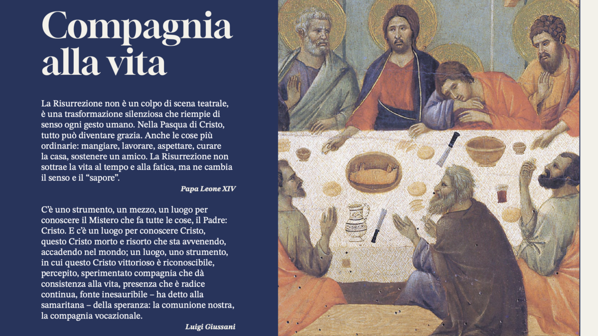 Locandina «Compagnia alla vita» per la Pasqua 2026 con dipinto sacro e testo di Luigi Giussani