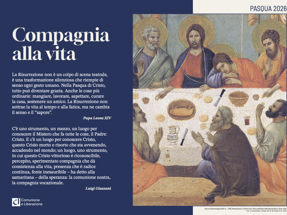 Locandina «Compagnia alla vita» per la Pasqua 2026 con dipinto sacro e testo di Luigi Giussani