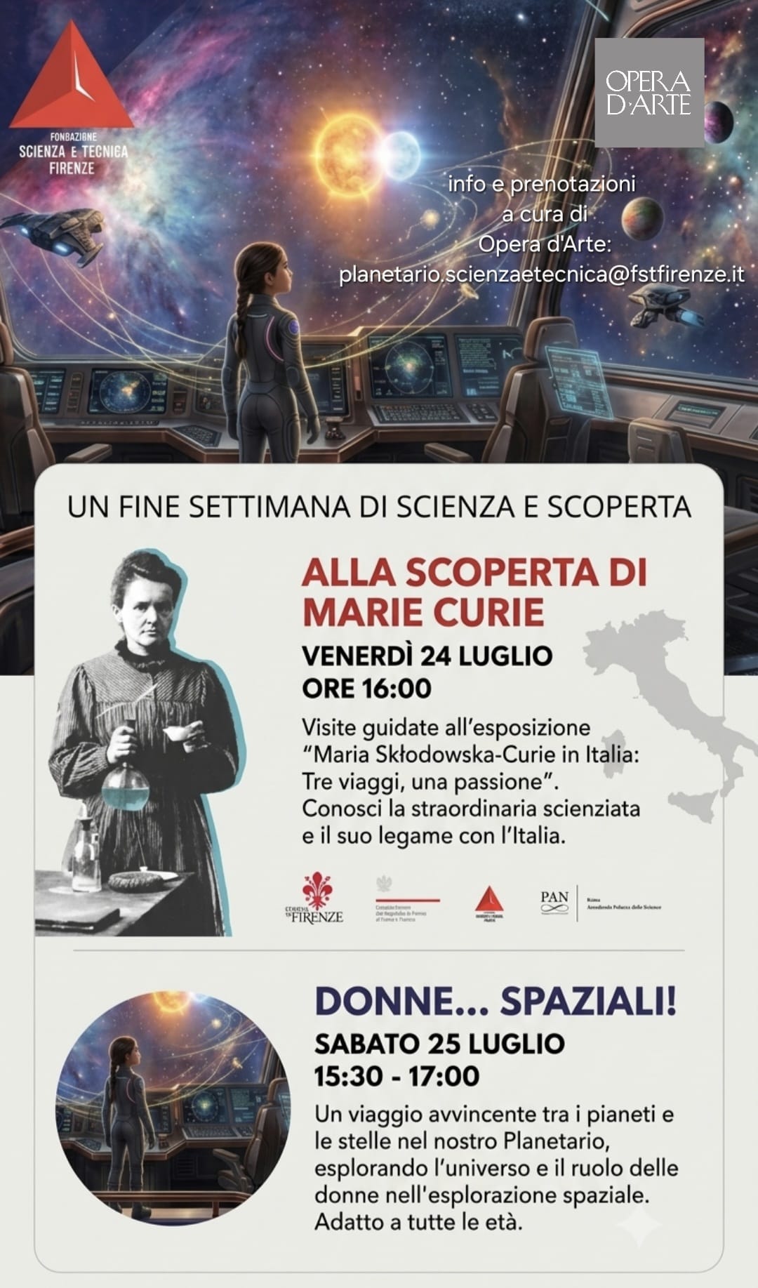 Locandina degli eventi Alla scoperta di Marie Curie e Donne Spaziali alla Fondazione Scienza e Tecnica di Firenze