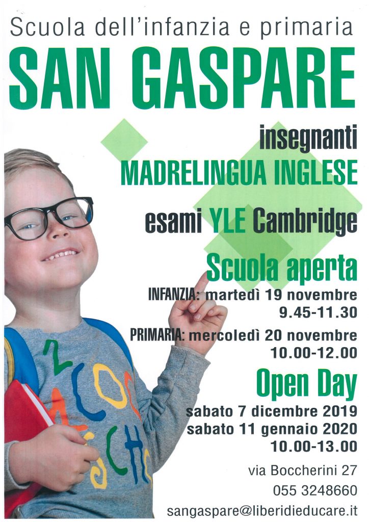 Locandina Open Day della Scuola San Gaspare con bambino sorridente e zainetto colorato
