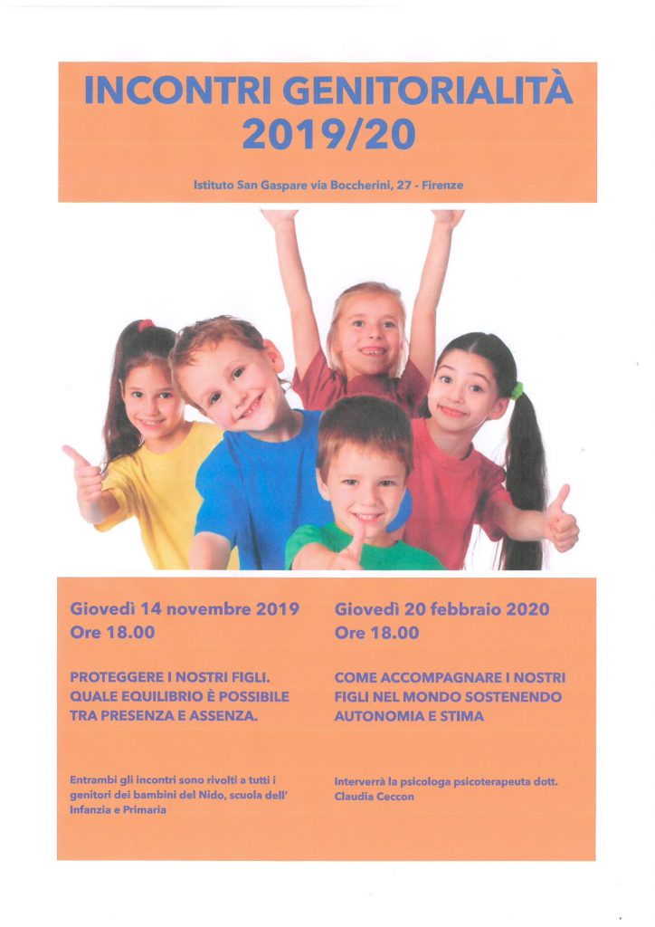 Locandina «Incontri Genitorialità 2019/20» dell'Istituto San Gaspare con bambini sorridenti e pollice in su