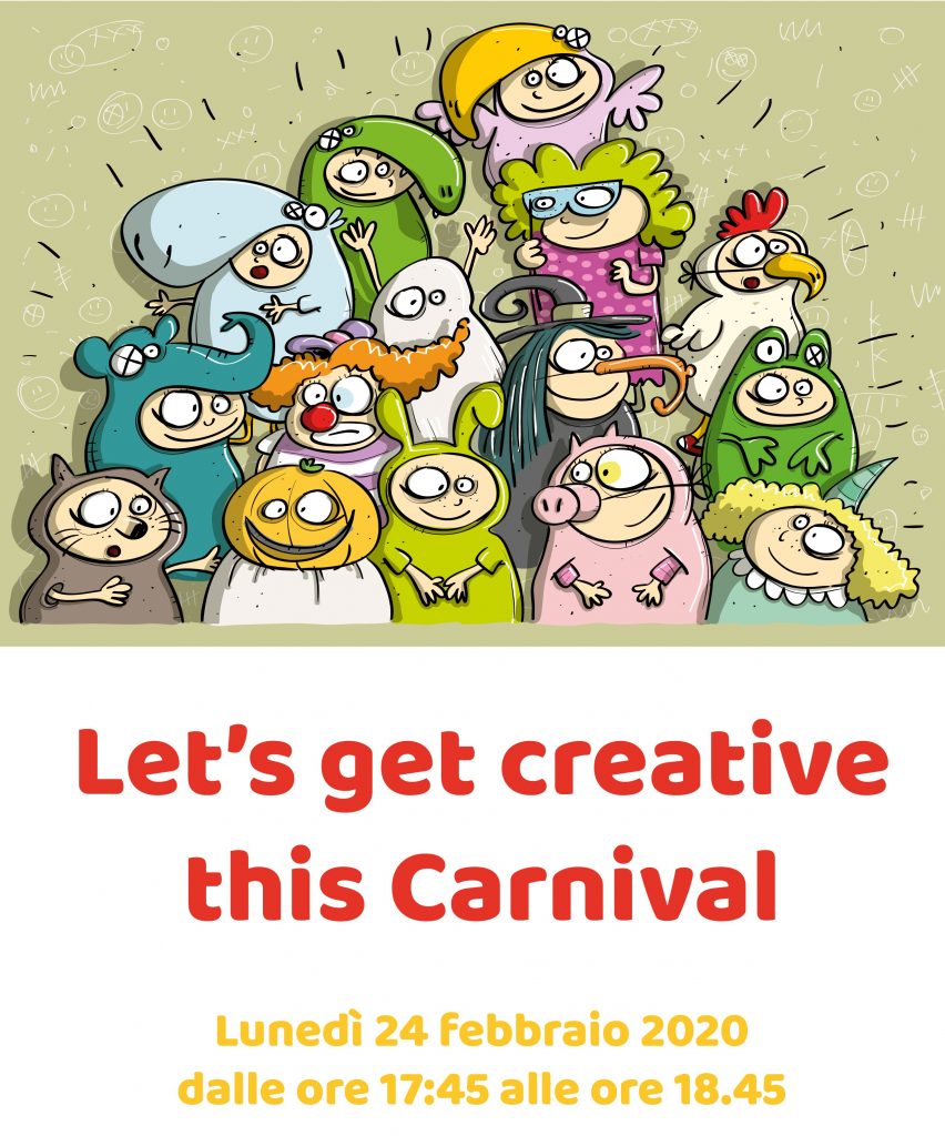 Illustrazione con bambini in maschera per il laboratorio Let's Get Creative This Carnival