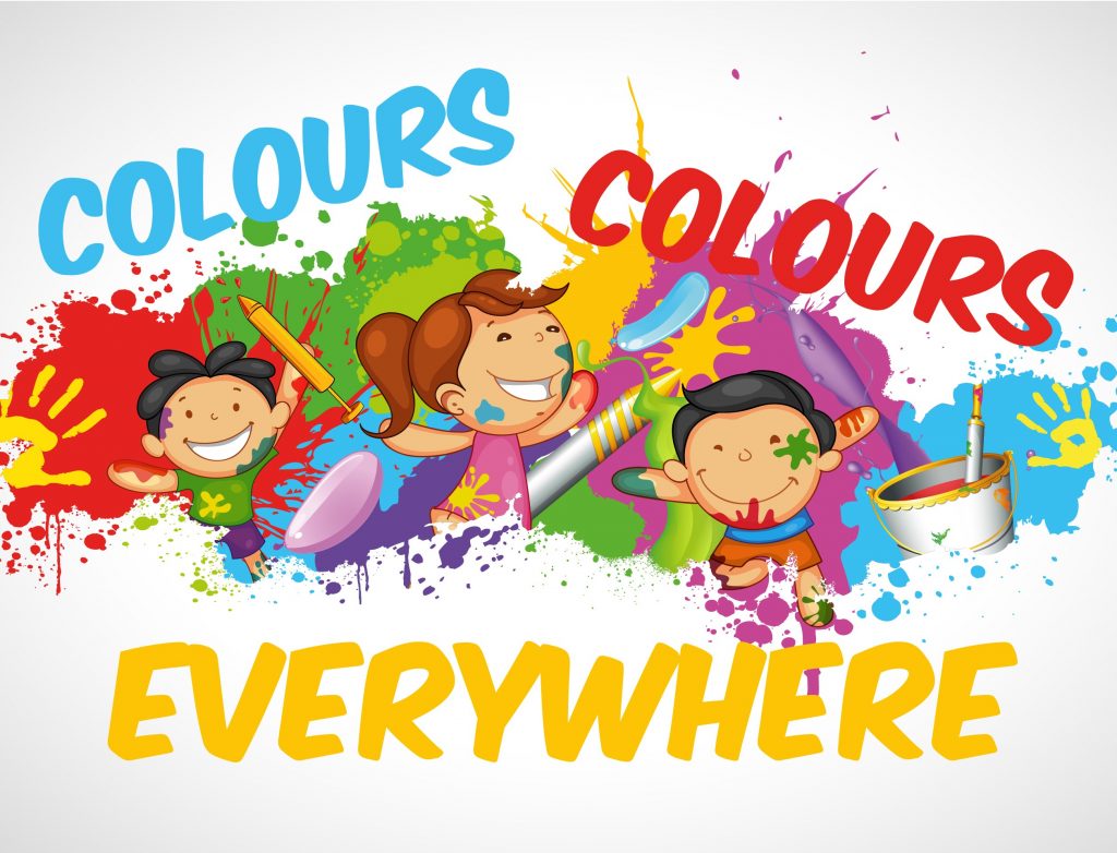 Illustrazione con bambini e schizzi di colore per il laboratorio Colours Colours Everywhere