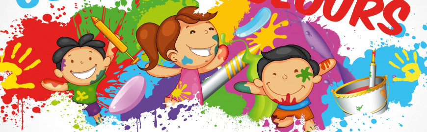 Illustrazione con bambini e schizzi di colore per il laboratorio Colours Colours Everywhere