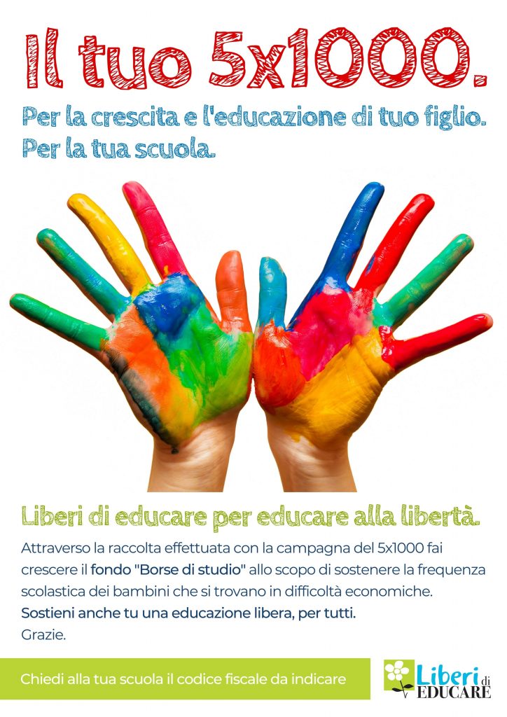 Locandina della campagna 5x1000 di Liberi di Educare, con due mani dipinte a colori vivaci