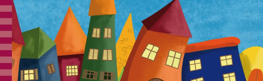 Copertina del libro «Rettangolandia» di Monica Balsimini, case colorate a forma di rettangoli